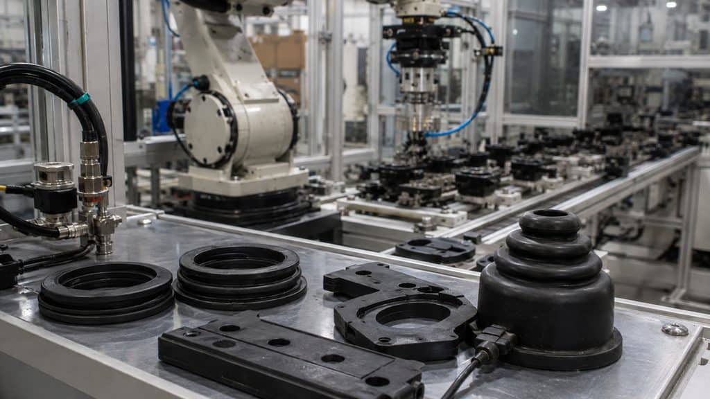 Smart conductive rubber components with sensor connection in an automated factory for predictive maintenance