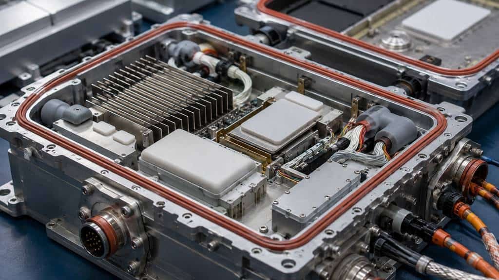 Silicone moulded gasket protecting aerospace electronics module for thermal management and sealing