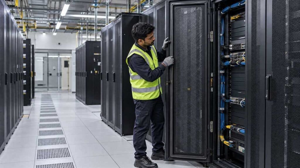 Technician inspecting EPDM extrusion seal on an AI data center server rack