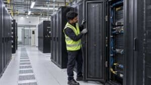 Technician inspecting EPDM extrusion seal on an AI data center server rack