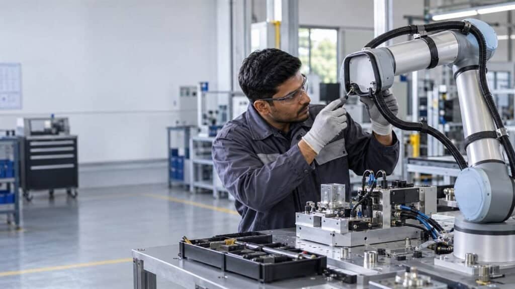 Indian engineer inspecting silicone extrusions on a collaborative robot
