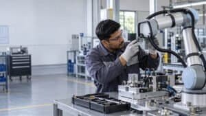 Indian engineer inspecting silicone extrusions on a collaborative robot