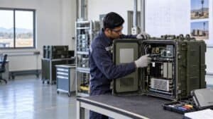 Technician inspecting defense electronics enclosure with silicone moulded components