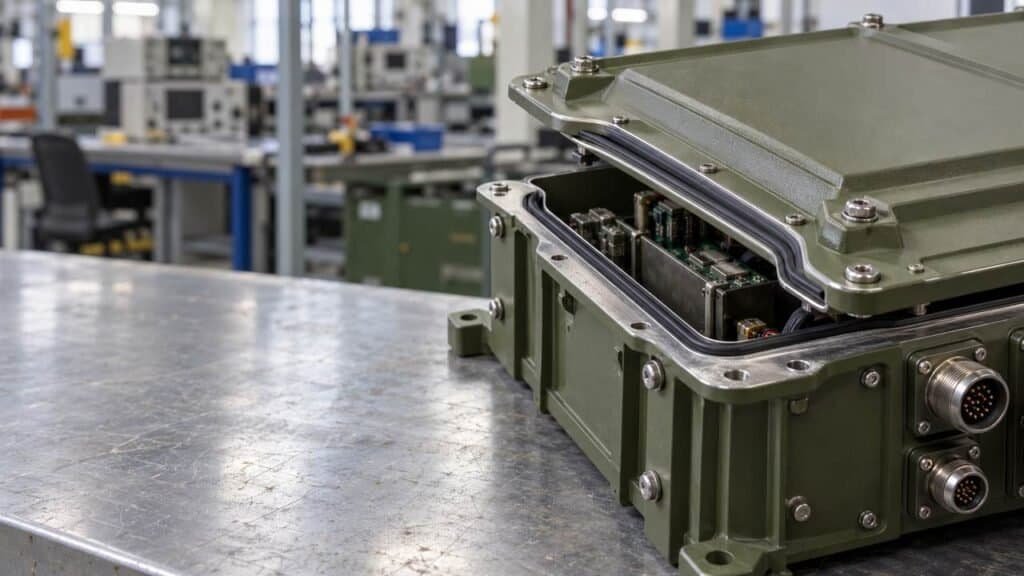 Smart conductive rubber EMI shielding gasket on a rugged defense electronics enclosure.