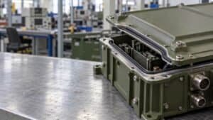 Smart conductive rubber EMI shielding gasket on a rugged defense electronics enclosure.