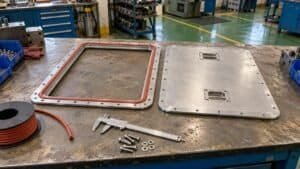 Red silicone extrusion seal fitted to an aerospace access-panel frame in a manufacturing workshop.