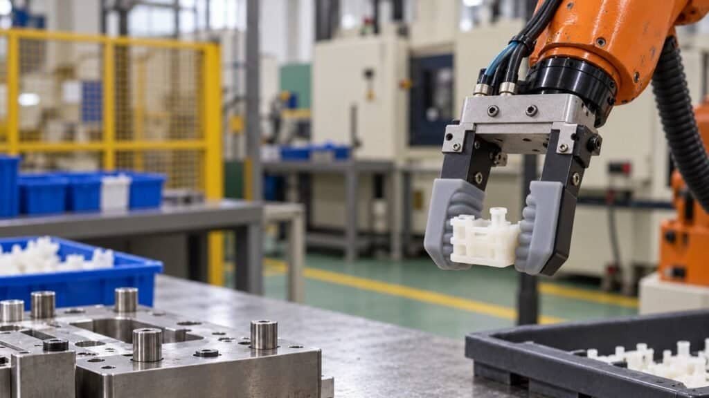 - Precision silicone moulded gripper pads handling a delicate plastic component in an automation factory.